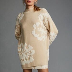 Anthropologie Tunic Sweater Small Eyelash Knit Floral Oversized Mock Neck